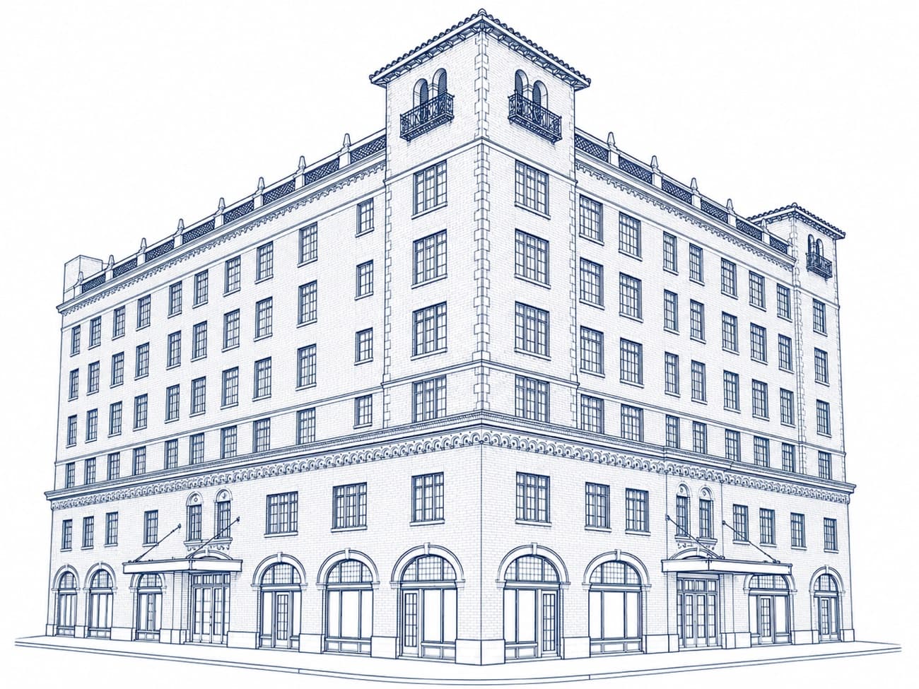 Architectural line rendering of the Marquette Tower — corner view of the historic brick building with its arched storefronts, marquee canopies, window grids, rooftop balustrade, and twin-arched towers with tiled pyramidal roofs.